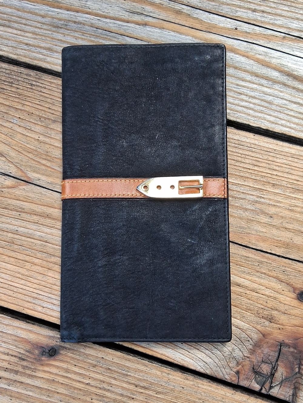 Black Leather Travel Wallet with Tan Strap and Gold Buckle